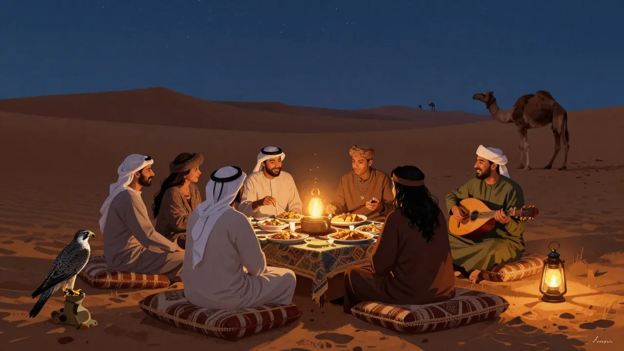 Desert safari dinner under stars with traditional music and falcon.