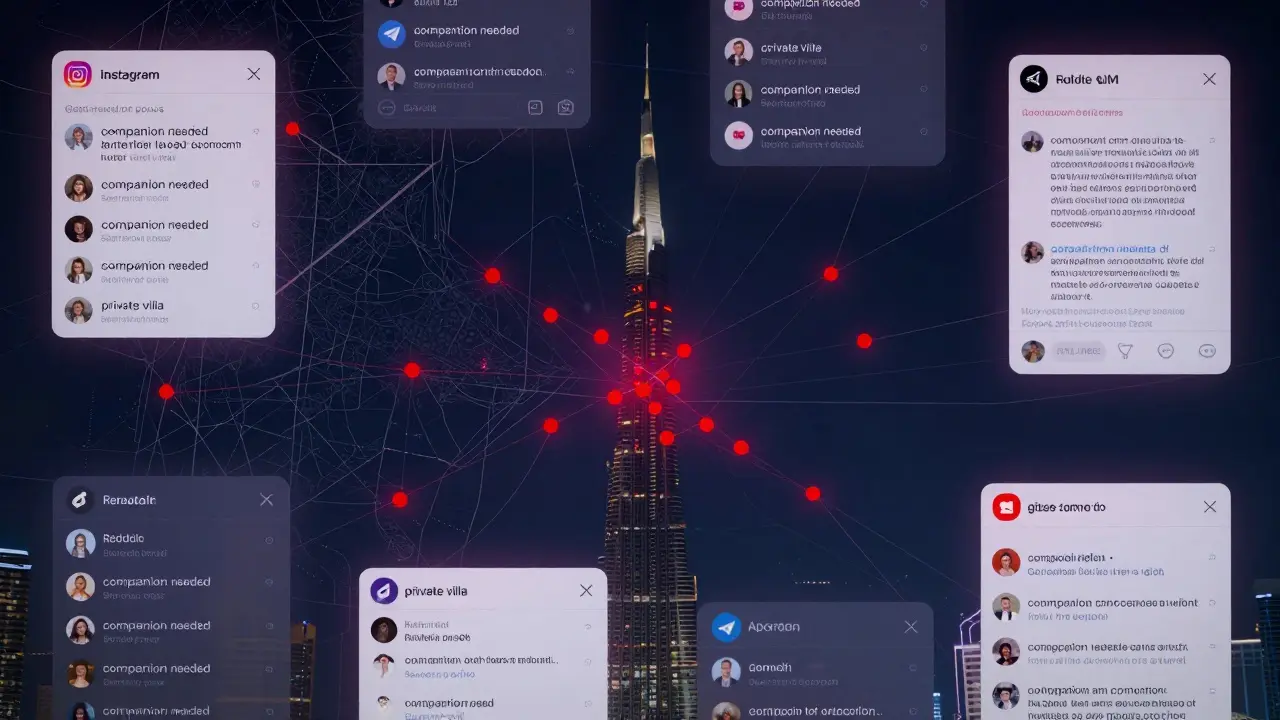 Digital screens overlay a Dubai map, showing coded escort ads on WhatsApp, Telegram, and Reddit linked to hotel locations.