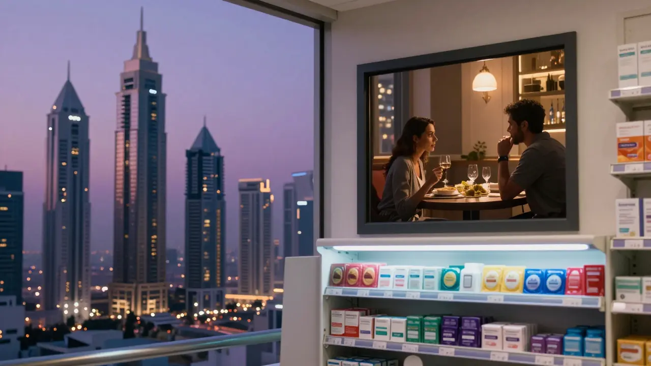 Dubai skyline at dusk, luxury apartment with couple dining privately, pharmacy shelf with condoms visible below.