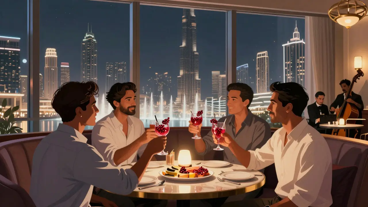 Elegant bachelor party in a luxury lounge with Burj Khalifa views, enjoying cocktails and charcuterie in soft ambient lighting.