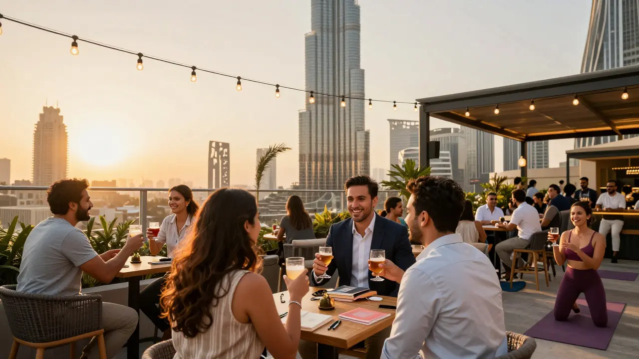 Expats enjoying a lively rooftop bar in Dubai with the Burj Khalifa in the background.