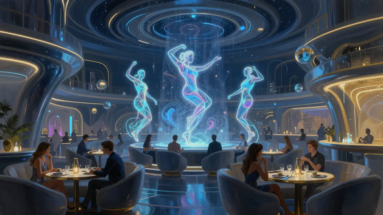 Futuristic Dubai lounge with holographic dancers and interactive light installations, no nudity.