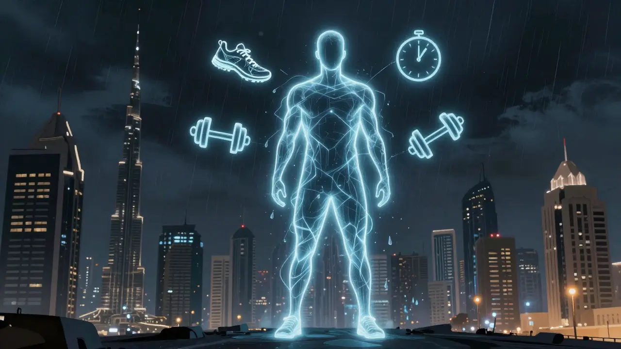 Glowing human silhouette in Dubai cityscape, symbolizing resilience through fitness and self-care.