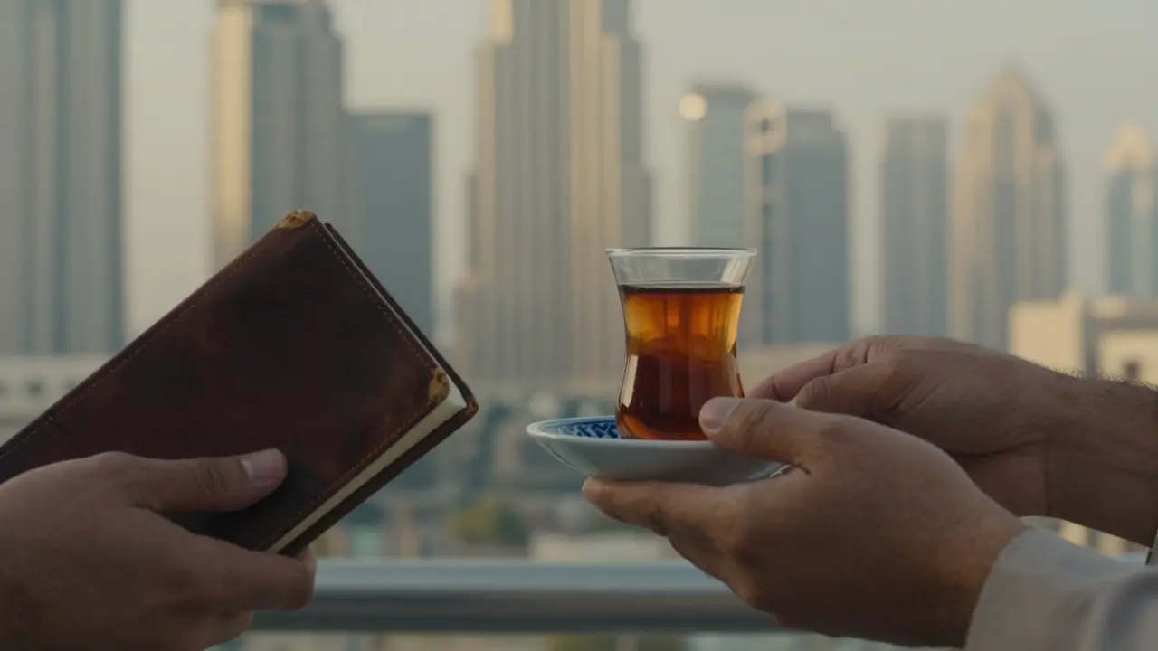 Hands offering tea and holding a journal, with Dubai’s skyline softly blurred in the background.