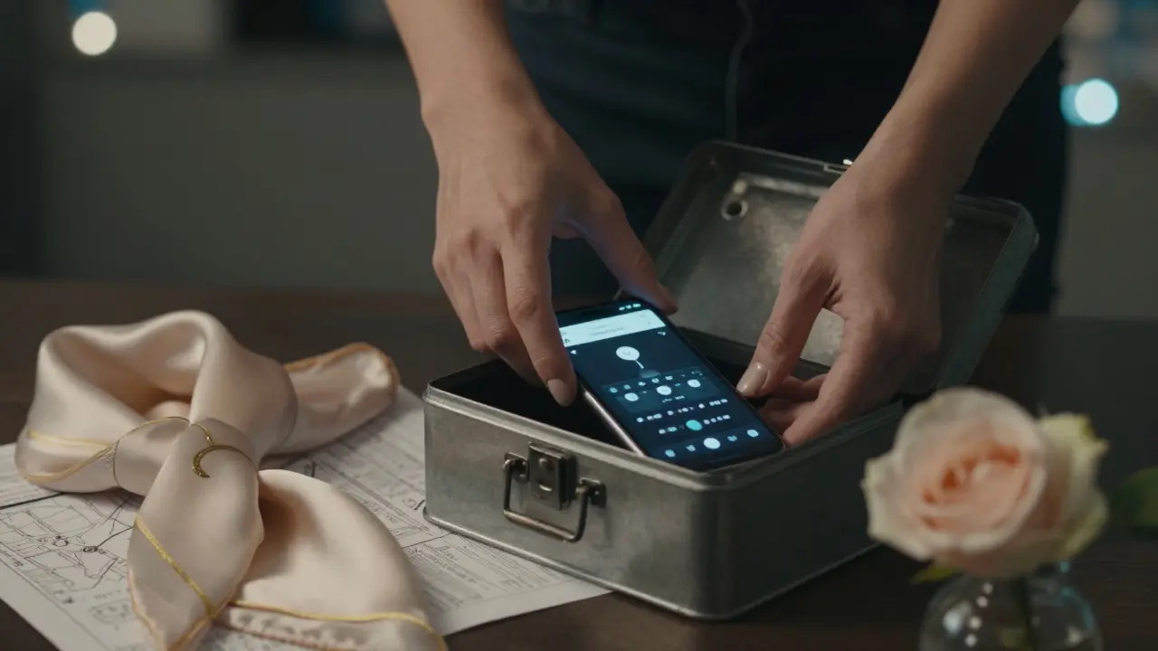 Hands placing a burner phone into a locked box, surrounded by discreet items in a dimly lit room.