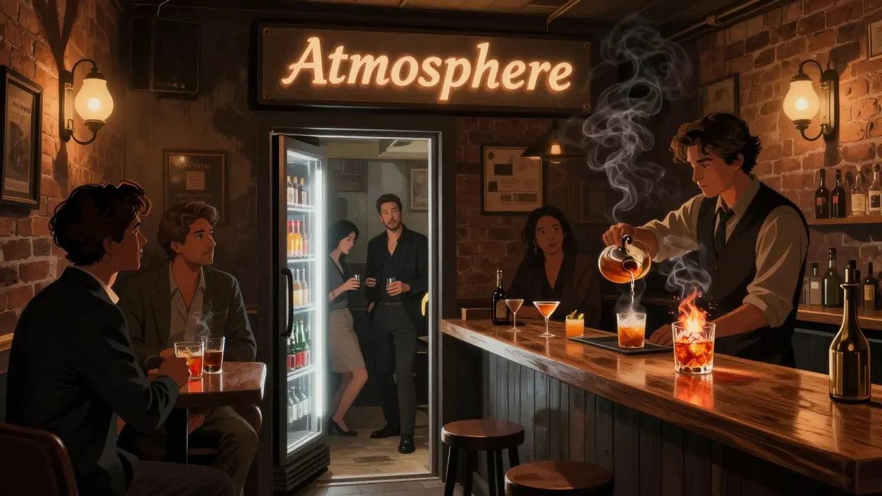 Hidden speakeasy interior behind a fridge door, dim lighting, bartender crafting a smoked cocktail with glowing embers.