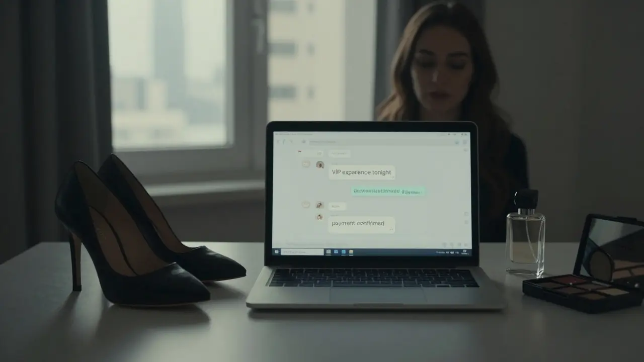 High heels and a laptop display coded messages, reflection shows weary eyes—symbolizing hidden reality behind luxury facade.