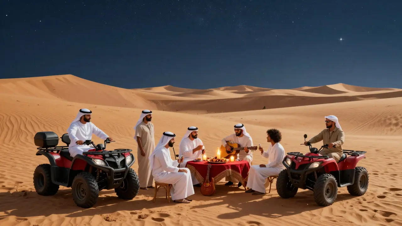 Luxury desert safari with friends dining under stars, quad bikes, and golden dunes at night.