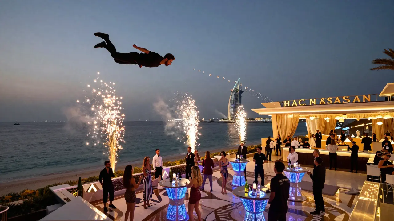 Man skydiving over Palm Jumeirah transitions into a fireworks-lit dance party at Hakkasan with glowing LED tables.