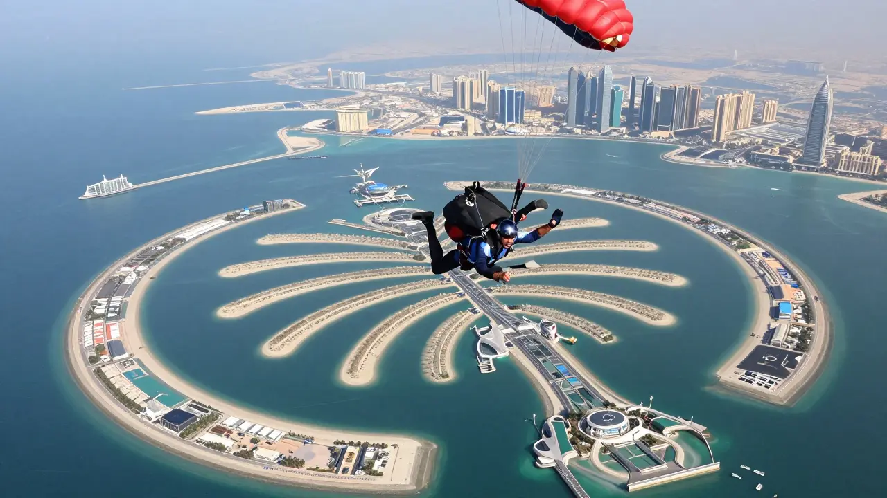 Man skydiving over Palm Jumeirah with iconic island and ocean below