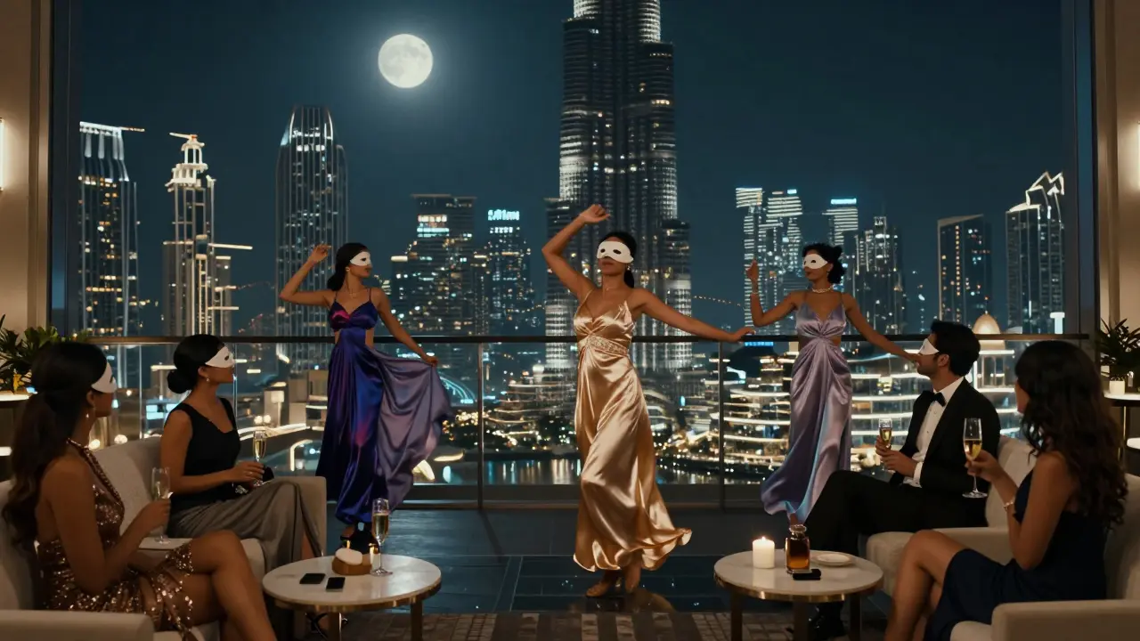 Masked dancers perform on a high-rise rooftop lounge with the Dubai skyline glowing behind them at night.