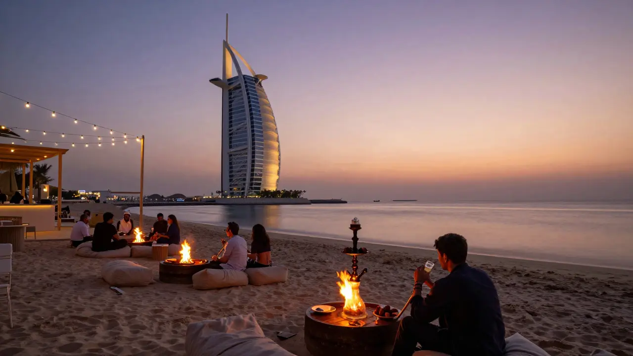 Open-air shisha lounge on Palm Jumeirah at sunset with Burj Al Arab in distance and fire pits glowing.