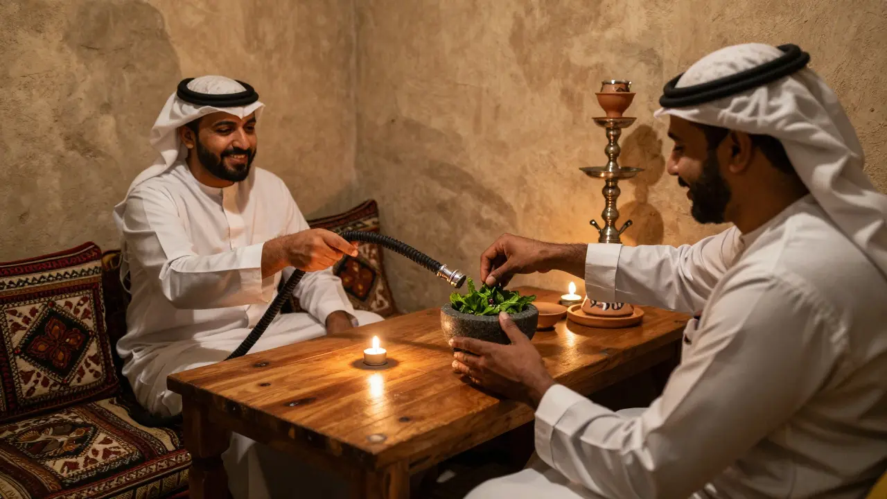 Owner grinding mint leaves for shisha in a hidden Bur Dubai alley, warm lighting and wooden tables.