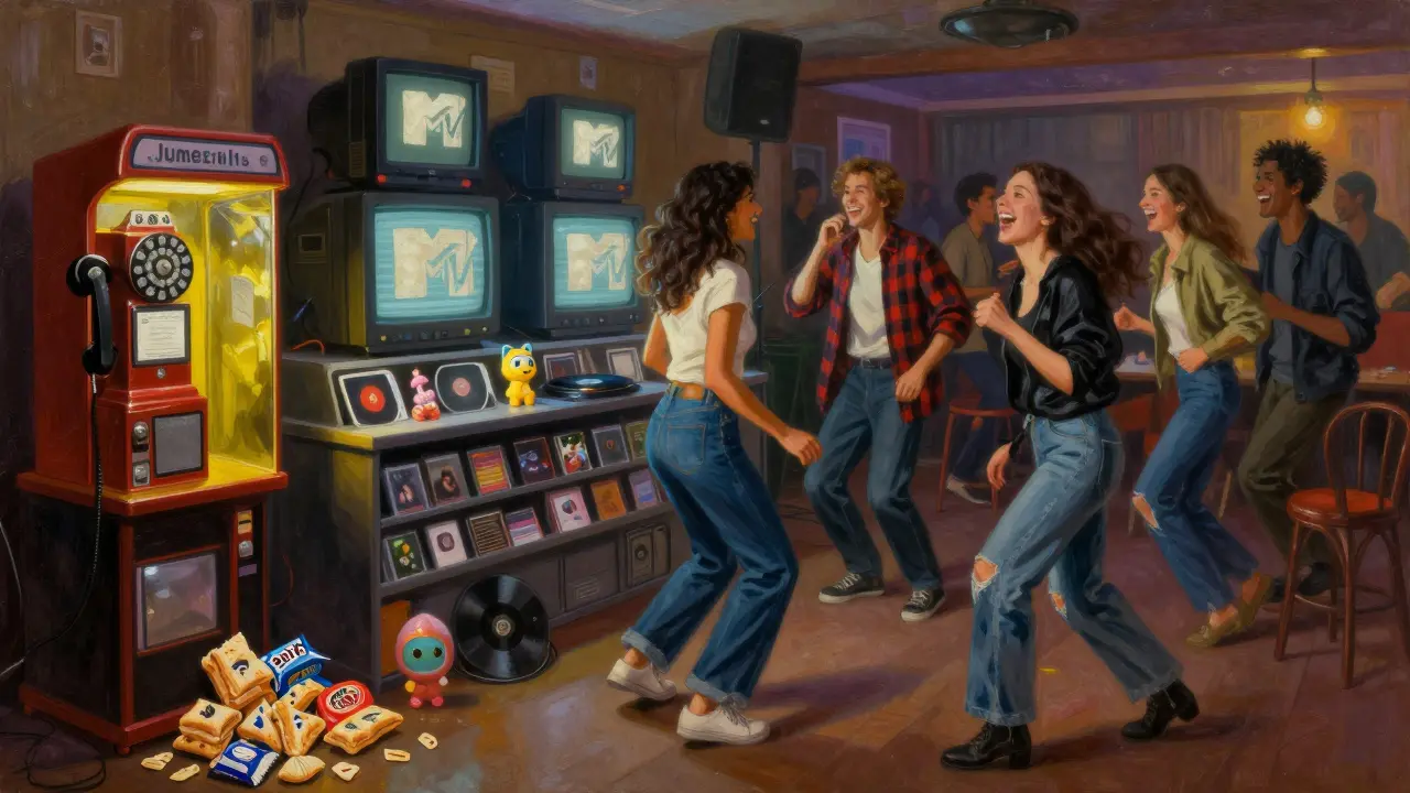 People dancing in 90s fashion at a retro night with a phone booth, vending machine, and faded MTV screens in the background.