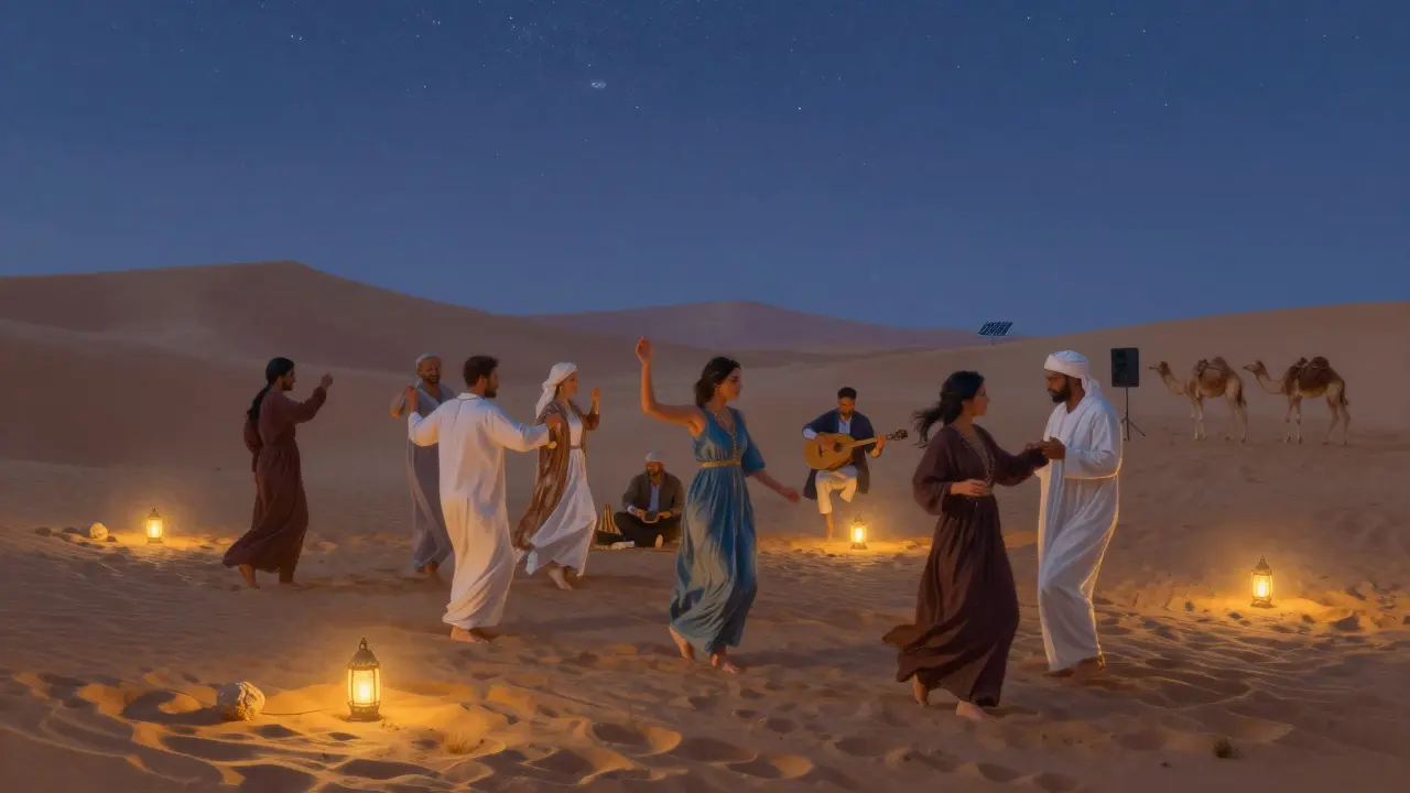 People dancing under stars in the desert to traditional oud music, lanterns glowing on dunes.