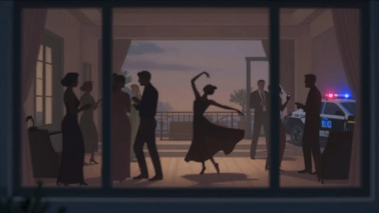 Private villa party at dusk with a dancer in artistic costume, police car visible outside.