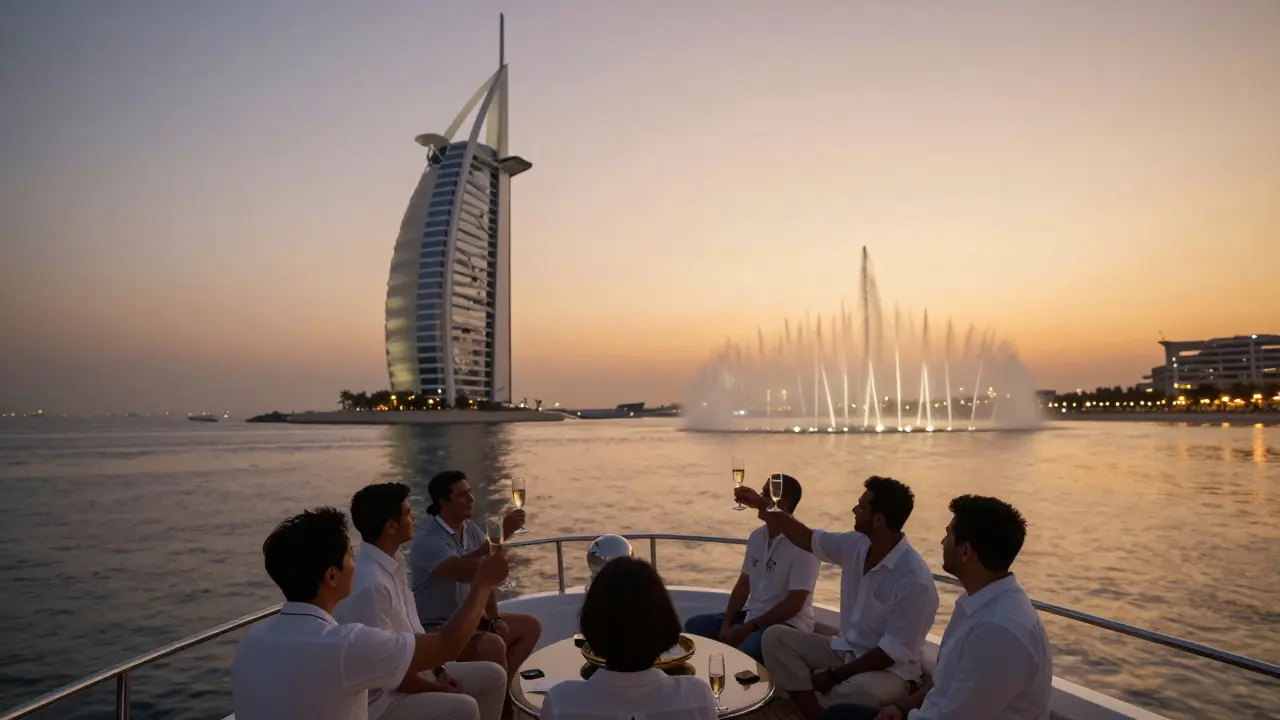 Private yacht at sunset cruising past Burj Al Arab with group toasting on deck
