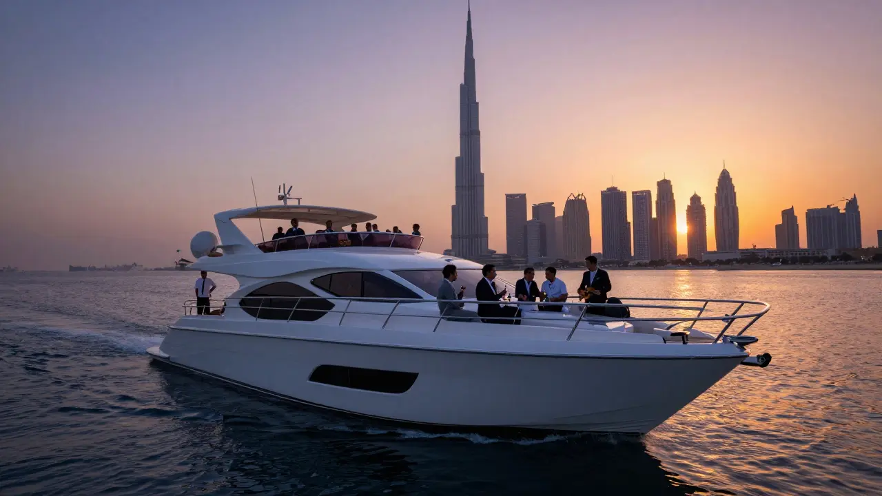Private yacht cruising Dubai’s coast at sunset with skyline views.