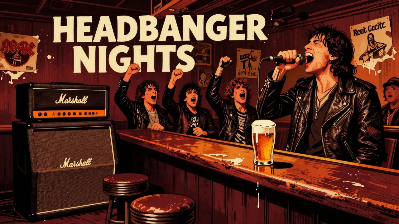 Rock fans in leather jackets raising fists under glowing amps during a live performance.