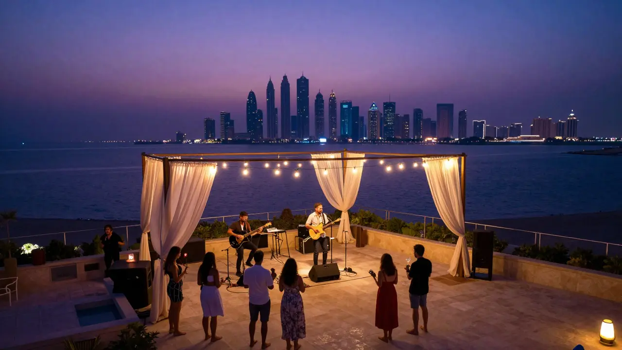 Rooftop band playing at Cielo Dubai under string lights with the ocean and city skyline at twilight.