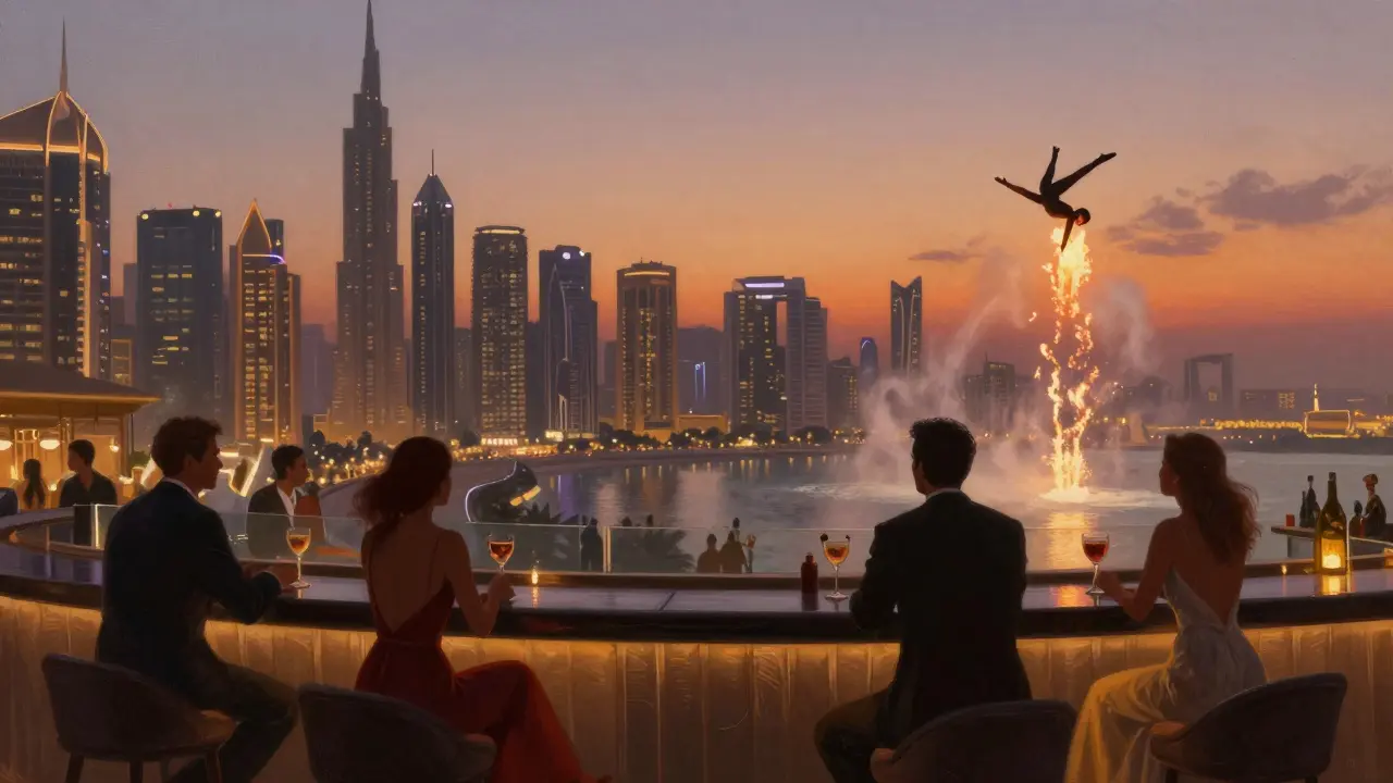 Rooftop bar at sunset with skyline view and theatrical acrobat performance in distance.