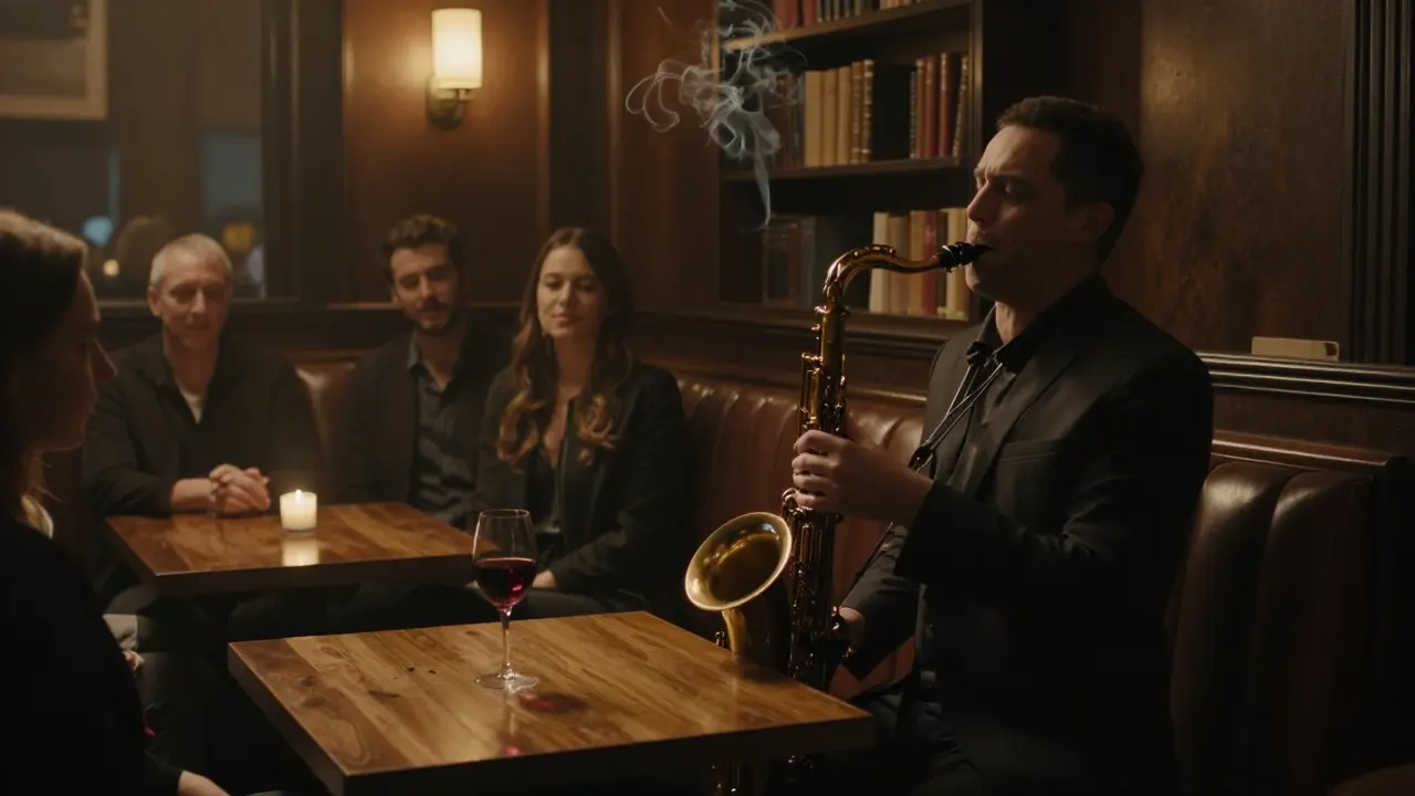 Saxophonist playing in a dimly lit jazz room with listeners in deep silence, candlelight and leather booths.