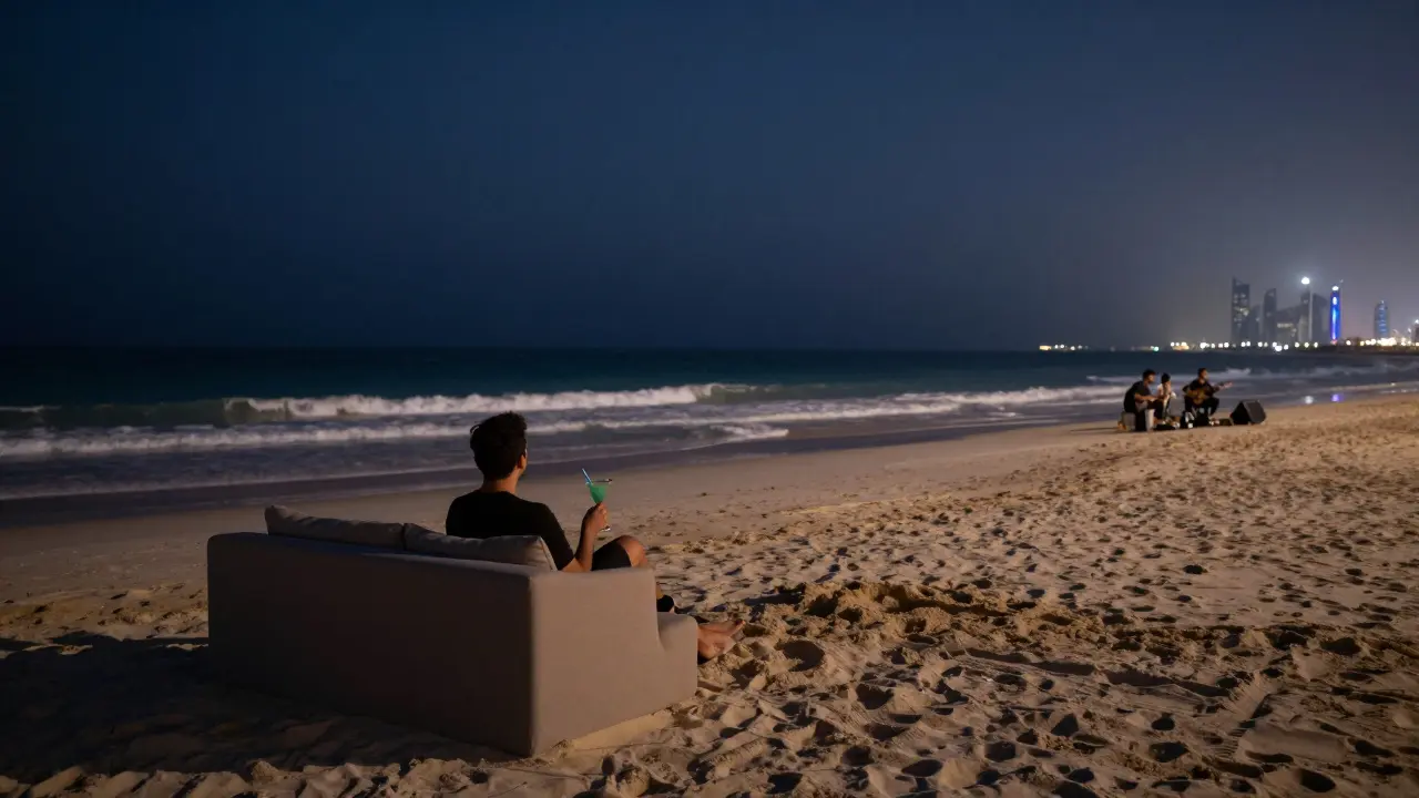 Serene beach couch at JBR at night, lone person with cocktail, waves and skyline under starlit sky.