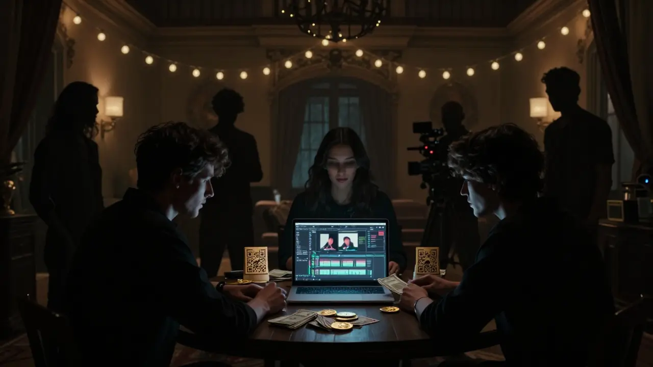 Shadowy figures in a hidden villa shoot adult content, AI editing software blurring faces, cash and crypto on table, dim lighting.