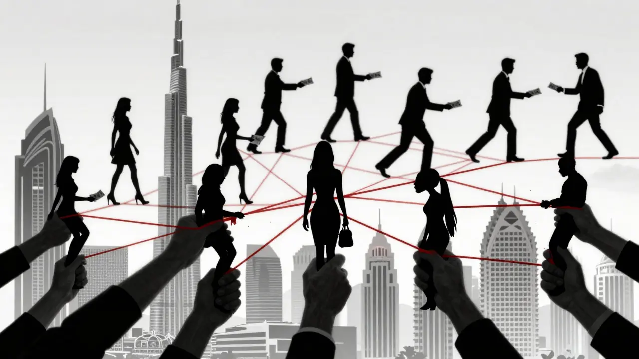 Shadowy hands exploit women from multiple countries, connected to profit-driven male figures in suits.