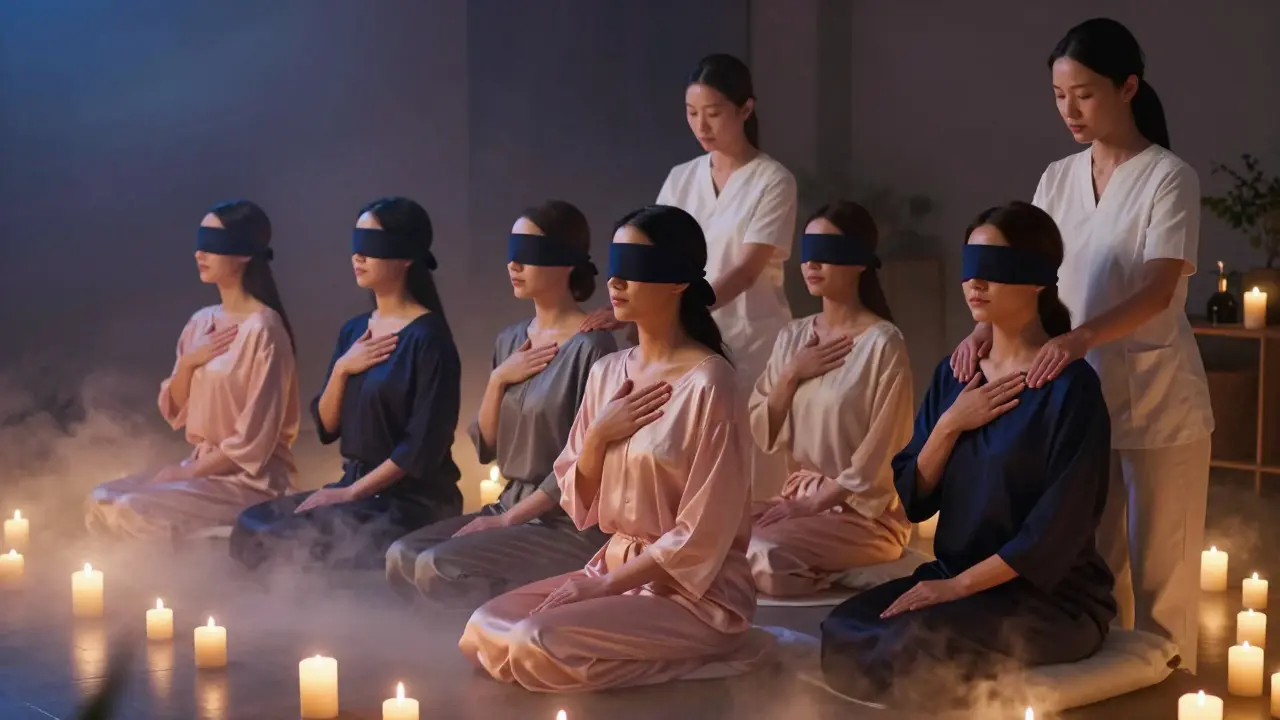 Six women in silence receiving sensual massages, blindfolded, surrounded by candles and mist.