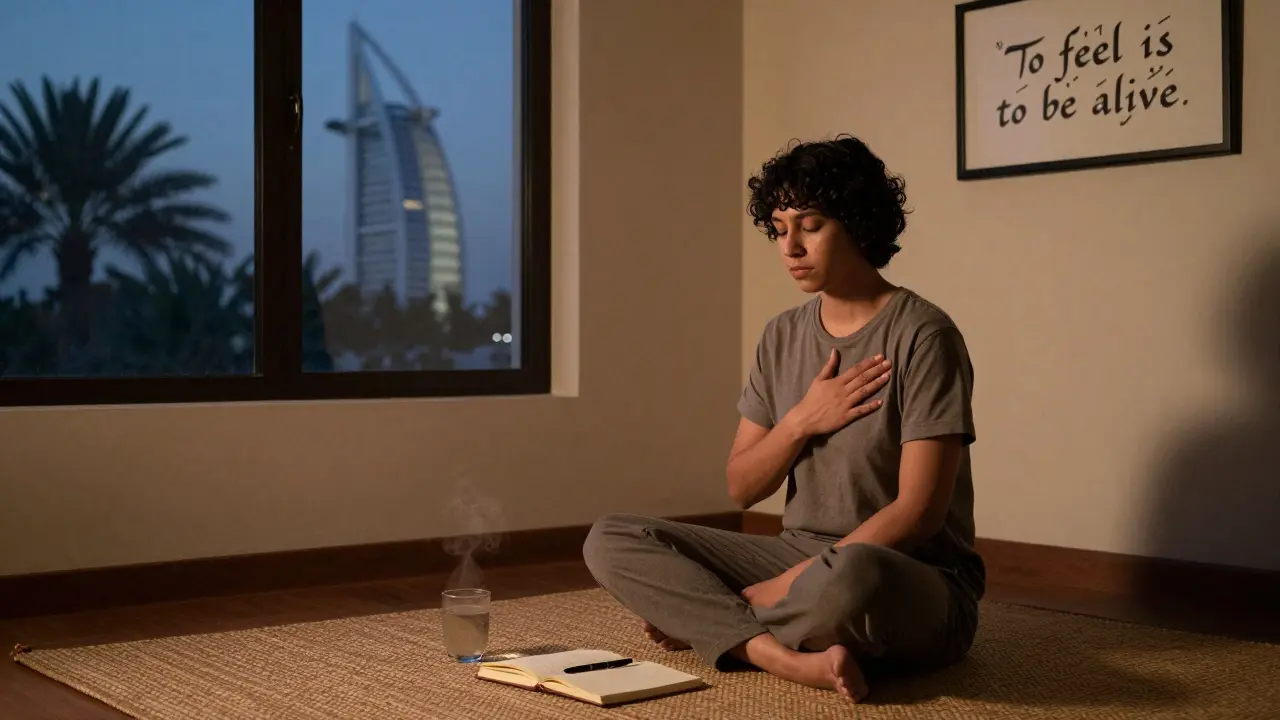 Someone sits quietly holding their own hand over their heart after a session, journal and water beside them in a peaceful room.