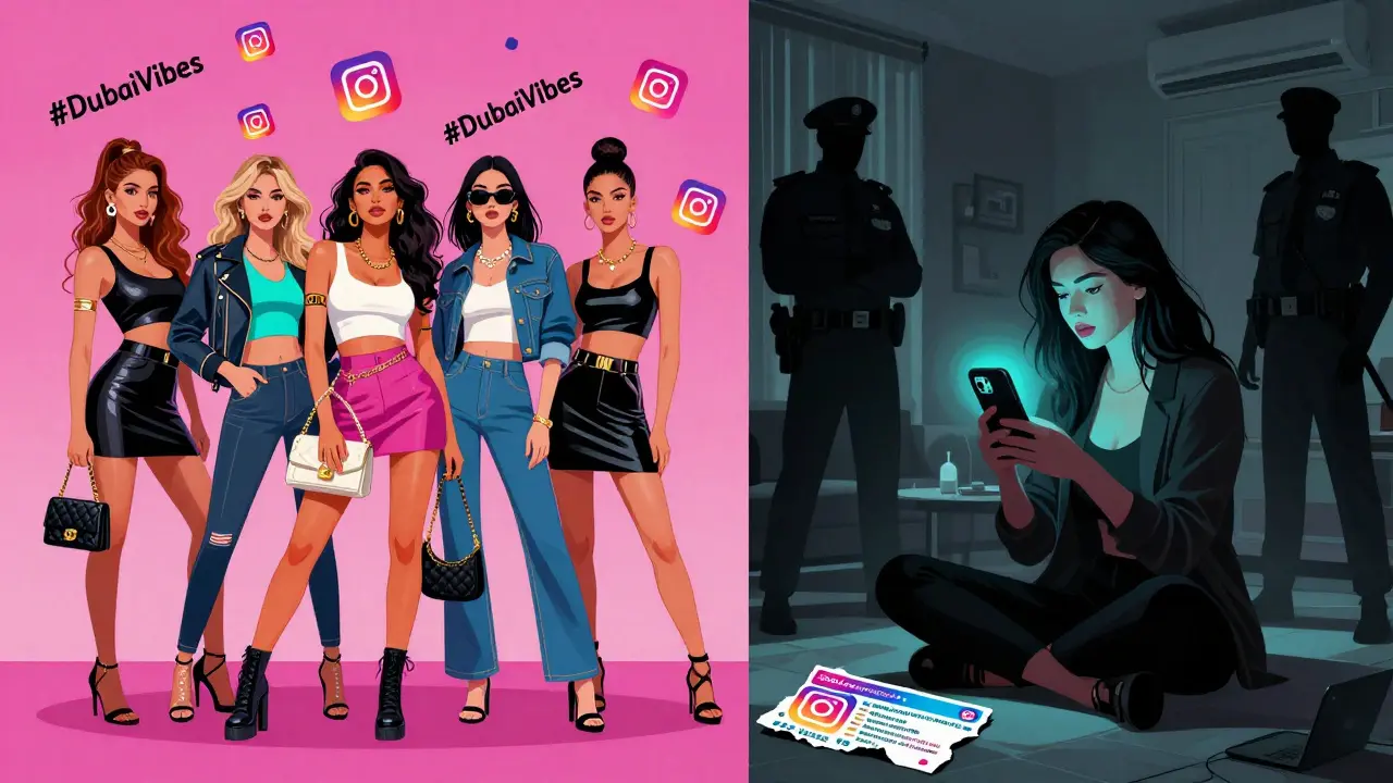 Split-screen: glamorous social media influencers on one side, hidden legal risks on the other, Dubai in background.