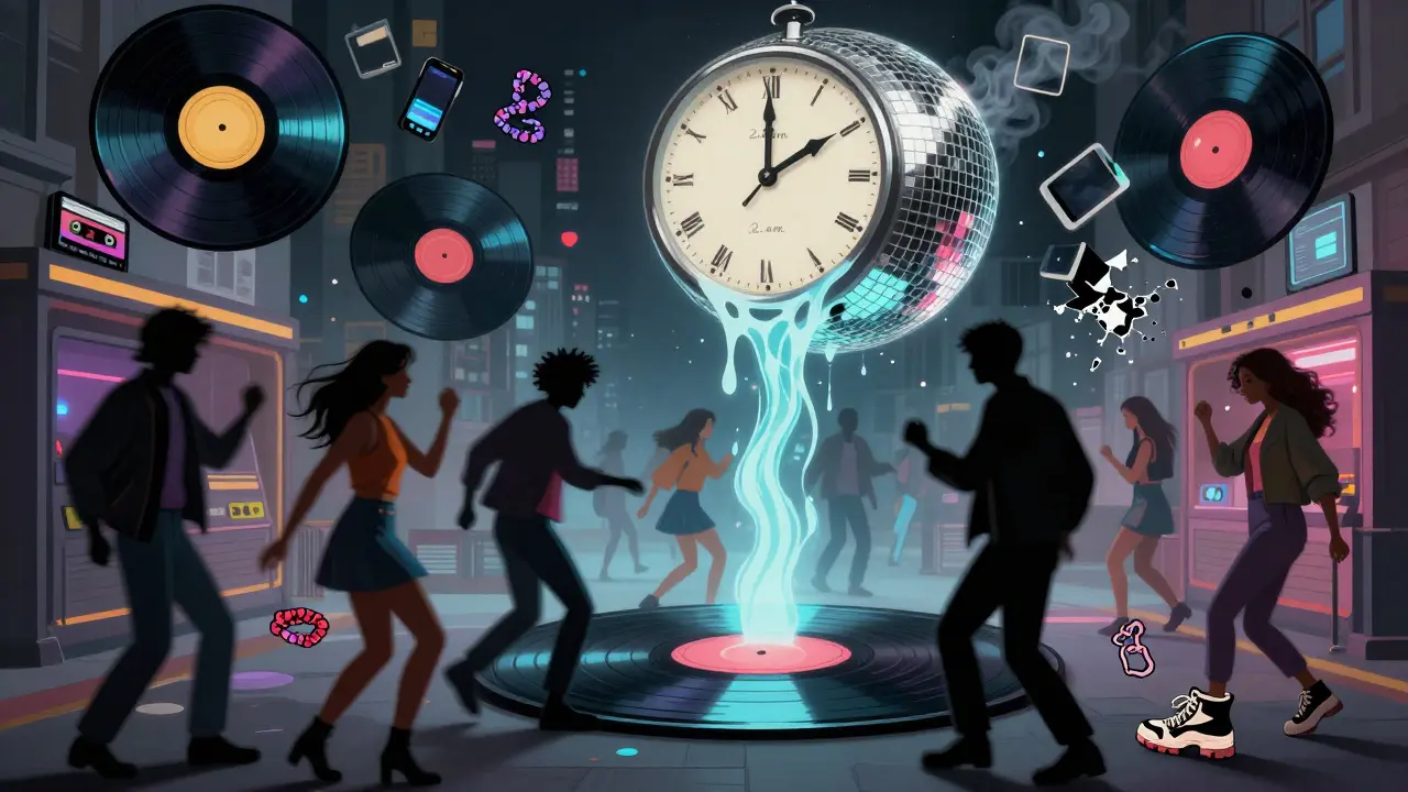 Surreal scene of floating vinyl records and slow-motion dancers in retro clothes, with a melting clock turning into a disco ball.