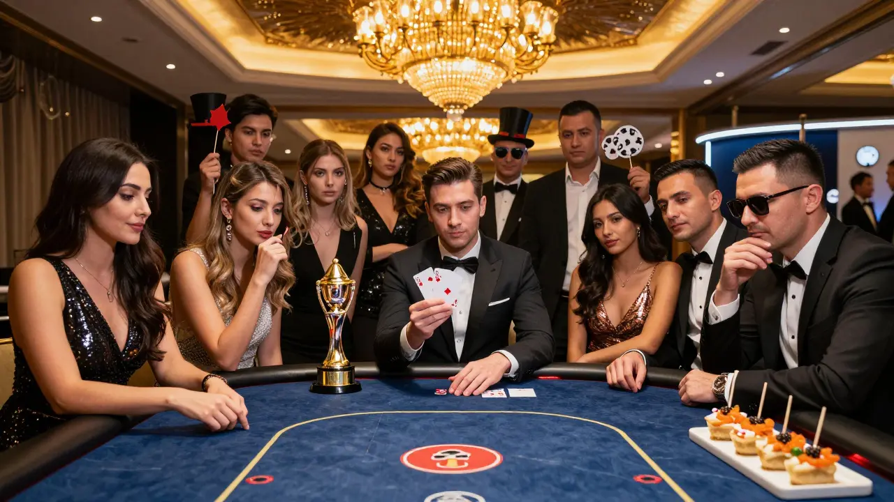 The groom wins a poker tournament surrounded by cheering guests in elegant attire, with a trophy and gourmet appetizers on the table.