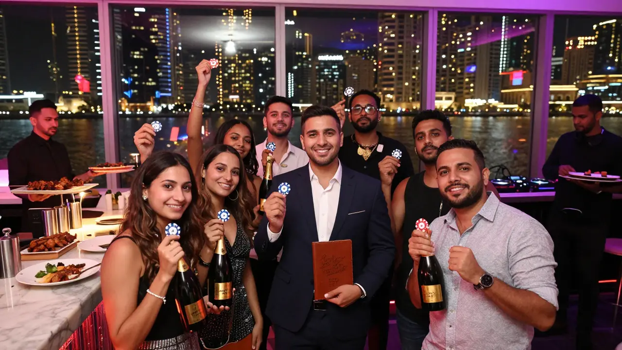 The group takes a final photo at dawn with custom poker chips and champagne, the Dubai Marina skyline glowing behind them.