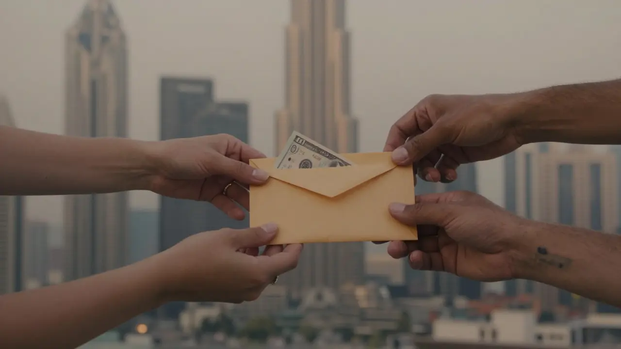 Three hands gently touch an envelope of cash — symbolizing respectful, discreet companionship in a city of illusions.