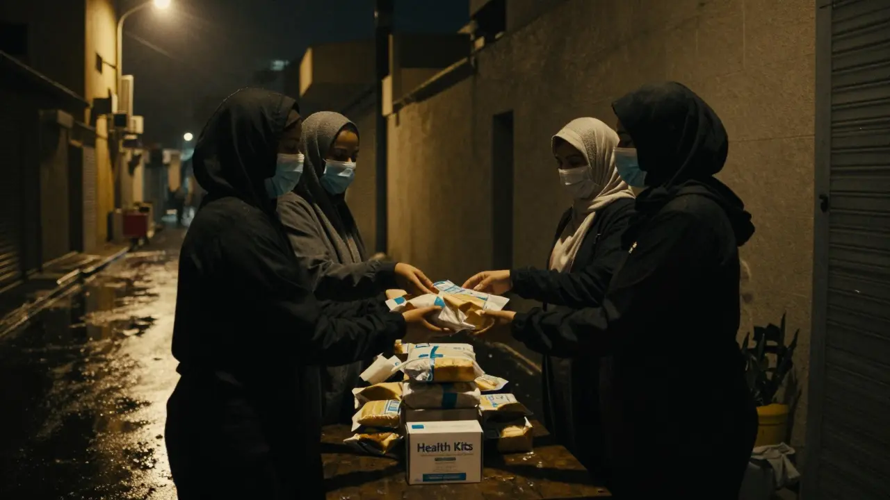Three women receive food from a volunteer under a streetlamp at night in an alley.