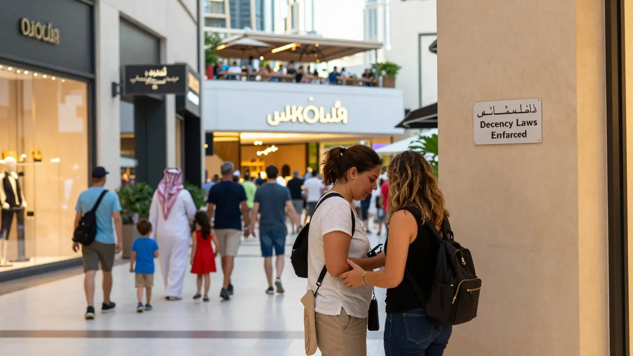Tourist in Dubai Mall surrounded by families, with discreet sign about decency laws in background.