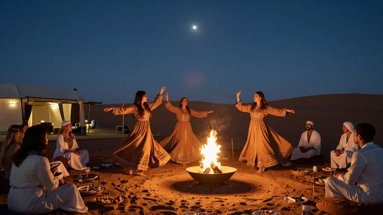 Traditional tanoura dancers performing in flowing robes under a starry desert sky at a private evening camp.