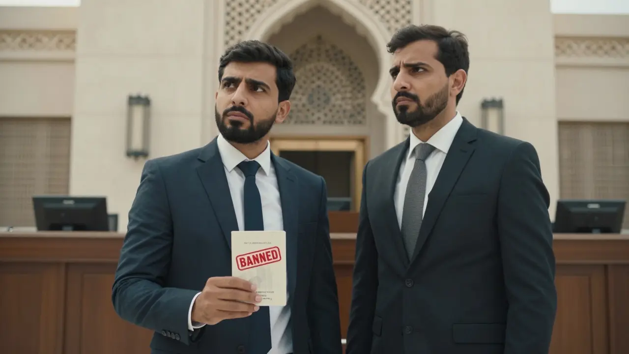 Two people outside a Dubai courtroom, one holding a banned passport, facing the building's imposing architecture.