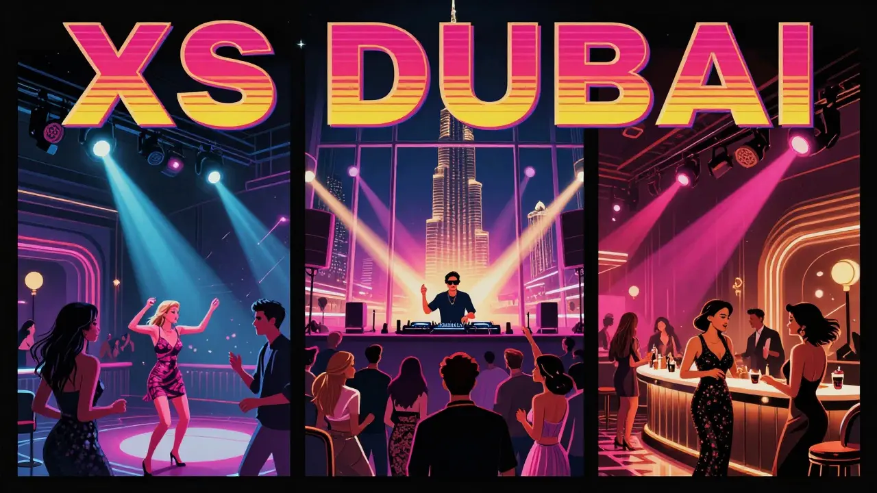 Vibrant EDM party at XS Dubai with three dance floors, Burj Khalifa visible through windows, crowd moving to a DJ's beat.