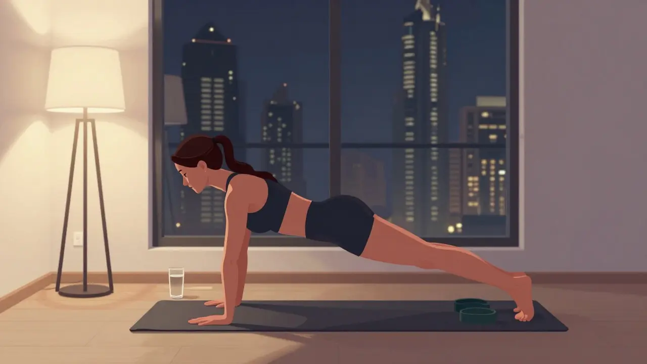 Woman doing Pilates in a quiet Dubai apartment at night, focused and strong in her posture.