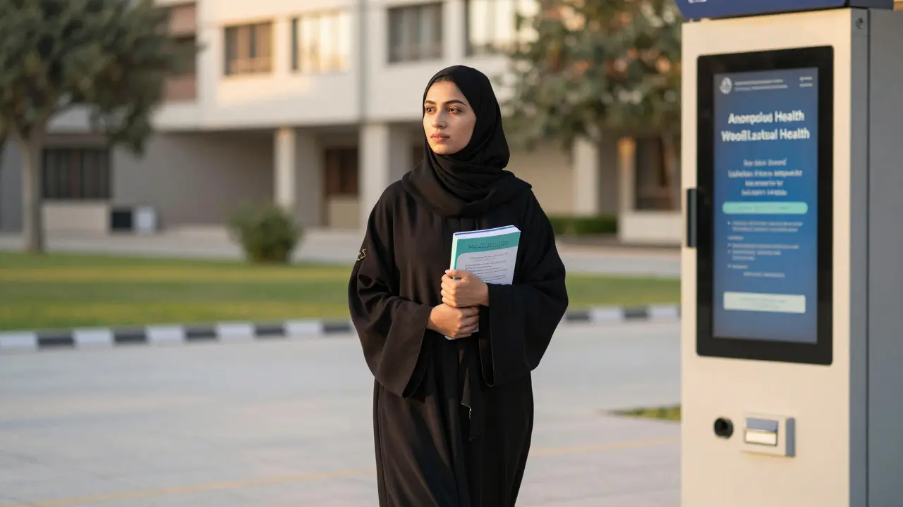 Young Emirati woman in abaya walking on campus, holding reproductive health book, digital kiosk in background.
