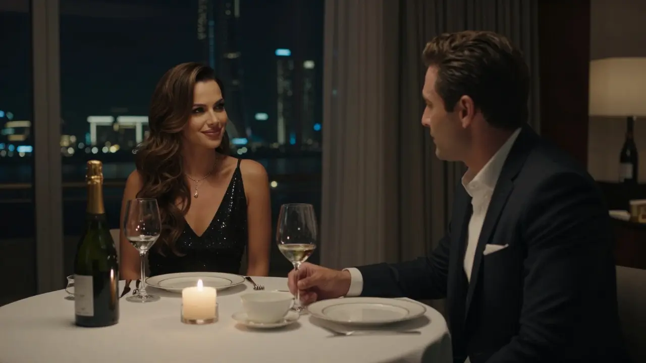 A client and companion enjoy an intimate dinner in a high-end Dubai penthouse suite with candlelight.