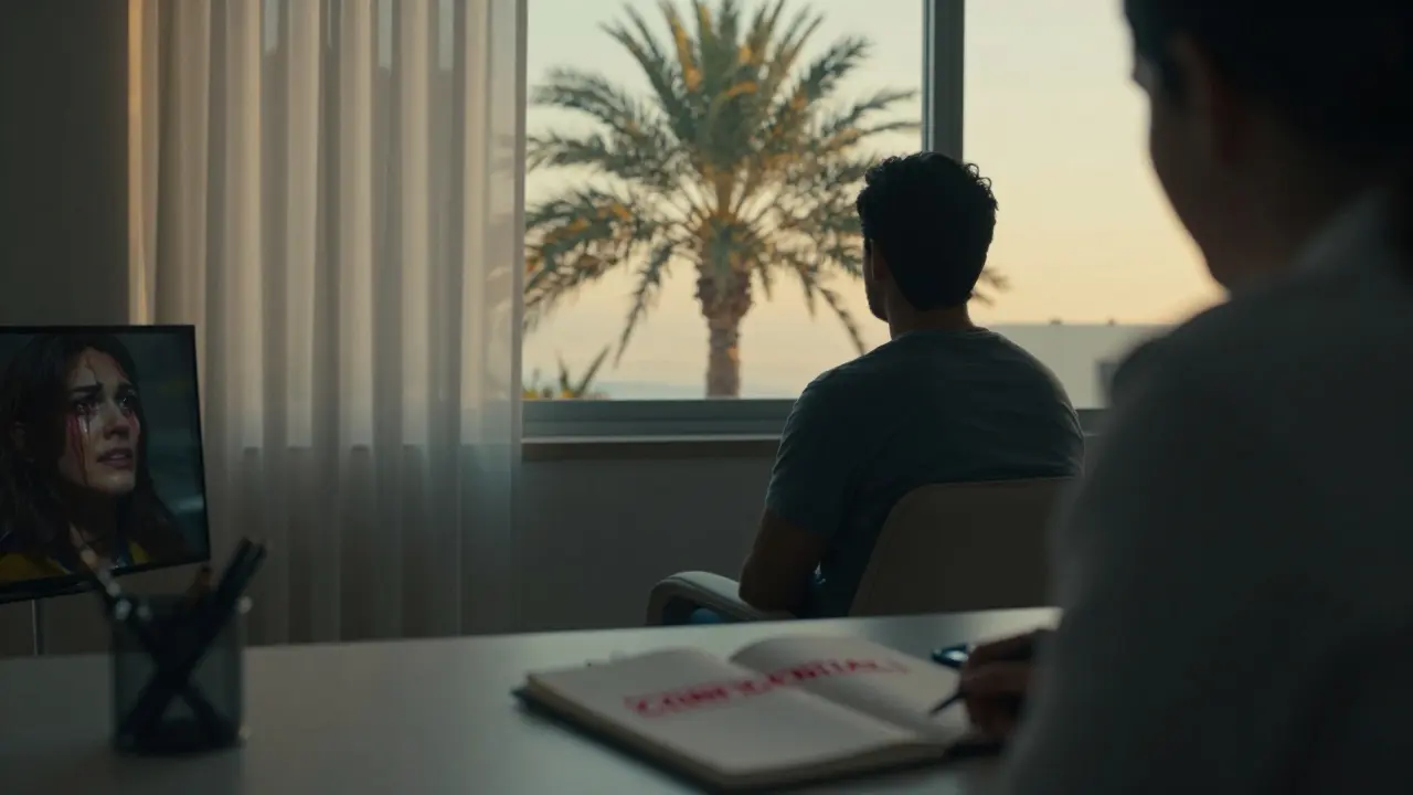 A client in a therapist's office looks out a window, their tearful reflection visible in the glass.