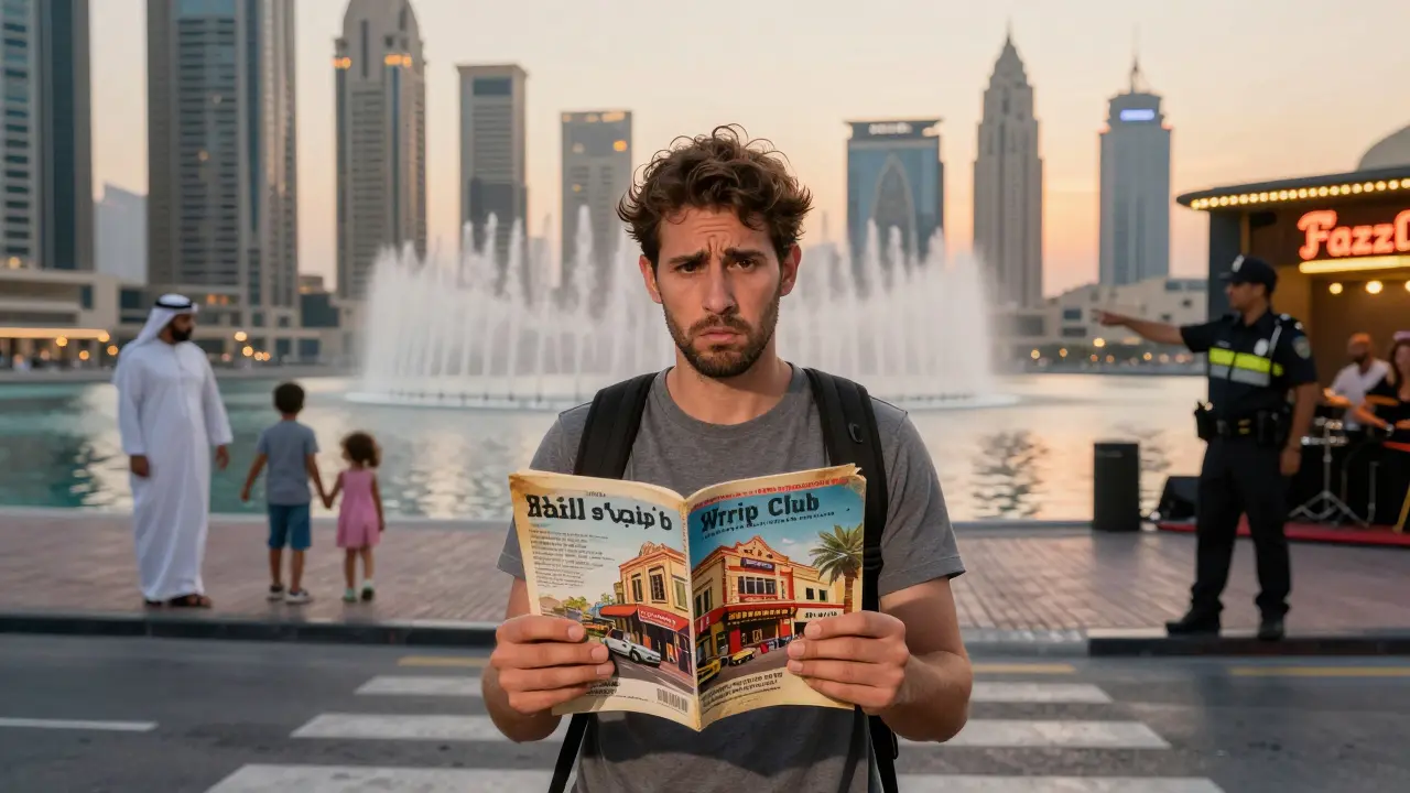 A confused tourist holding an outdated brochure, standing beside a family enjoying Dubai's fountain, while a police officer points to a legitimate venue.
