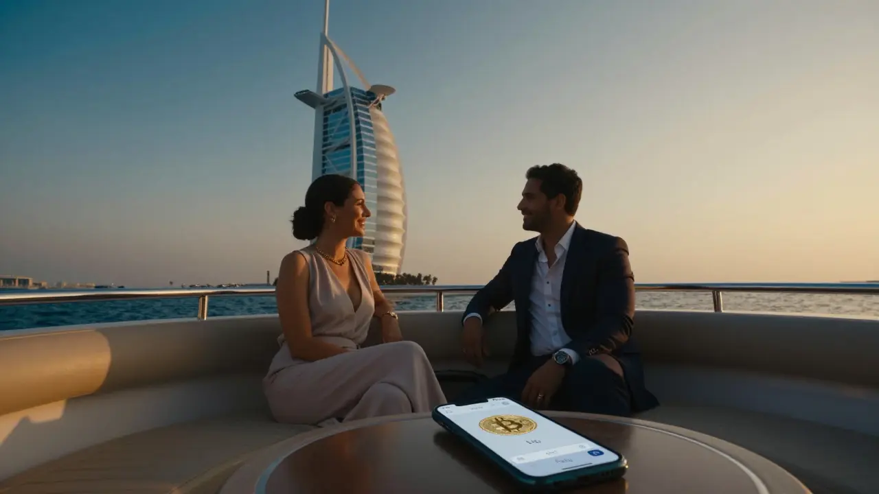 A couple enjoys sunset on a private yacht off Dubai’s coast, with the Burj Al Arab visible in the distance.