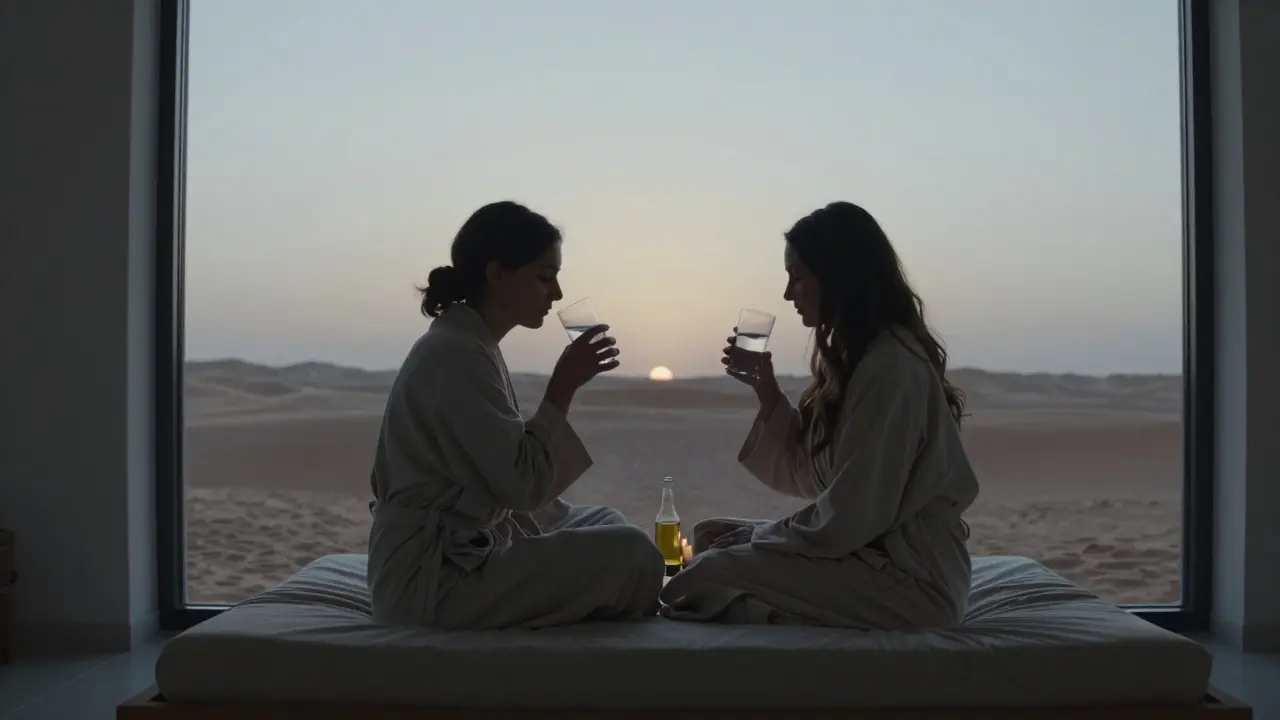 A couple post-massage, wrapped in robes, holding hands as dawn light filters through a Dubai villa window.