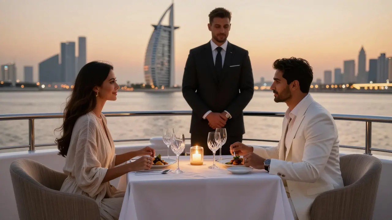 A couple shares a quiet dinner on a luxury yacht at sunset, with Dubai's skyline glowing in the background.