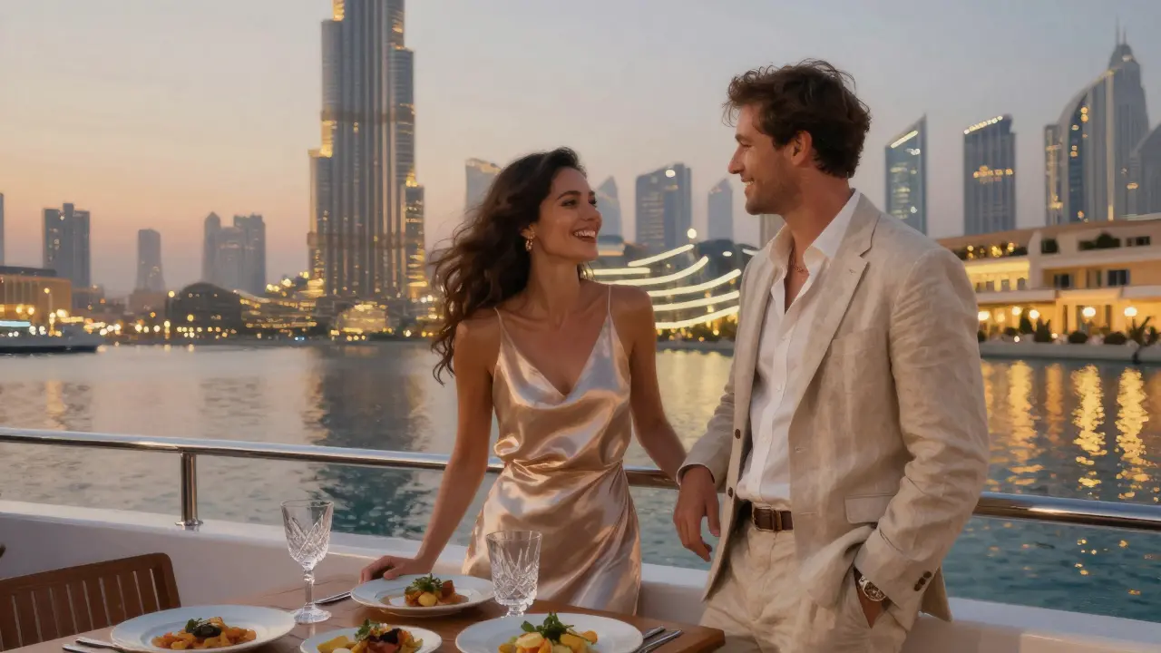A couple shares a quiet moment on a private yacht at dusk, with the Burj Khalifa glowing in the background.